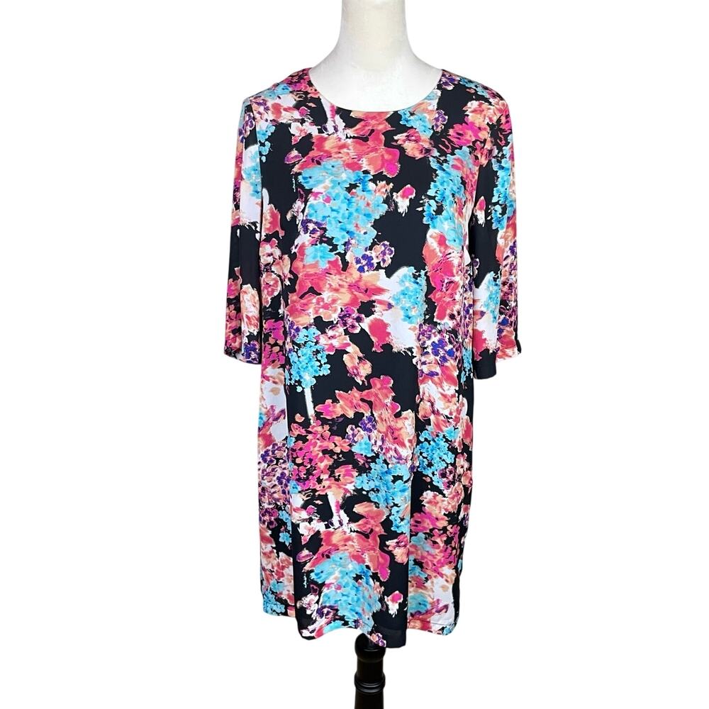 Charles Henry Black Colorful Pink Floral Print Chiffon Mini Shift Dress